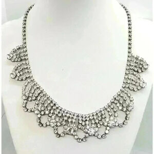 Vintage Rhinestone Necklace Swoop Scalloped Ruffle Collar Choker 1950s Bride